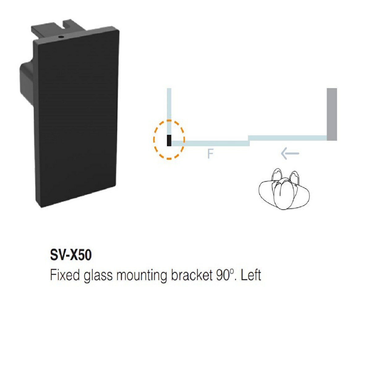Saheco SV-X50 Fixed Glass Mounting Bracket - 90 Degree Left - 1 Piece - Brushed Nickel Aluminium
